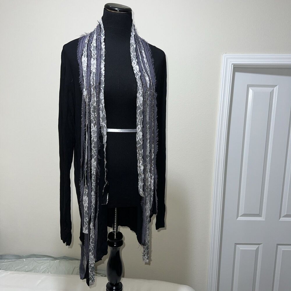 BKE Boutique Lace Long Duster Cardigan Boho Black Open Front Embellished XL